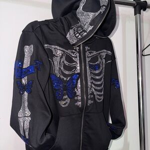 Black Hoodie with Silver Skeleton & Blue Butterfly Rhinestones